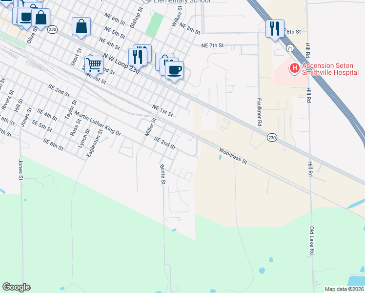 map of restaurants, bars, coffee shops, grocery stores, and more near 1702 Southeast 2nd Street in Smithville