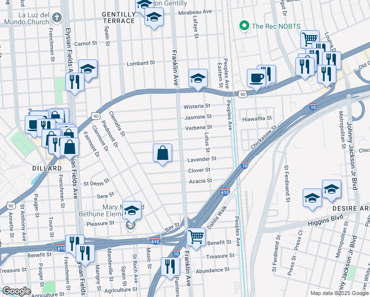 map of restaurants, bars, coffee shops, grocery stores, and more near 3901 Franklin Avenue in New Orleans