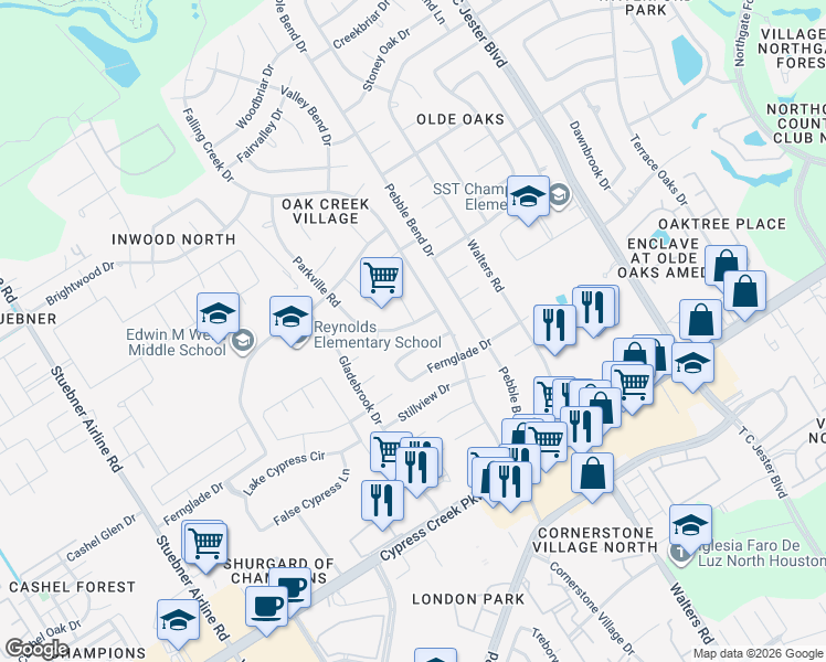 map of restaurants, bars, coffee shops, grocery stores, and more near 14919 Parkville Drive in Houston