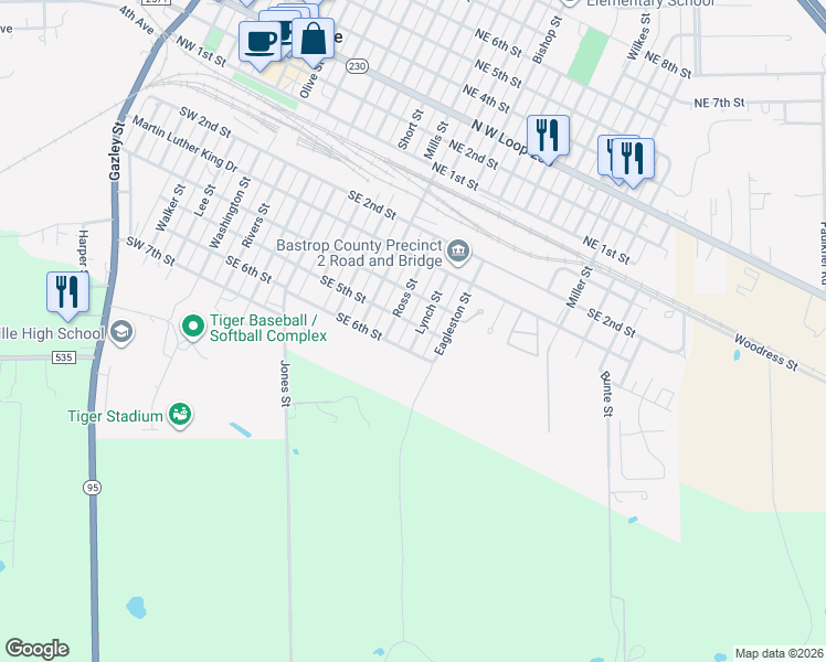 map of restaurants, bars, coffee shops, grocery stores, and more near 500 Lynch Street in Smithville
