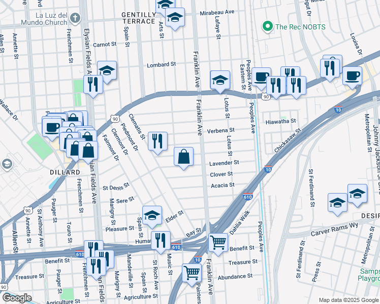 map of restaurants, bars, coffee shops, grocery stores, and more near 2549 Jonquil Street in New Orleans
