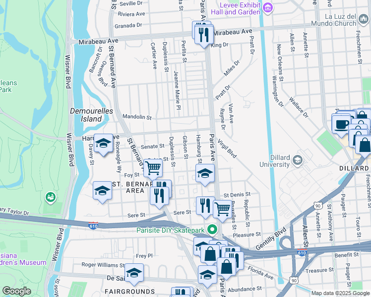 map of restaurants, bars, coffee shops, grocery stores, and more near 4066 Gibson Street in New Orleans
