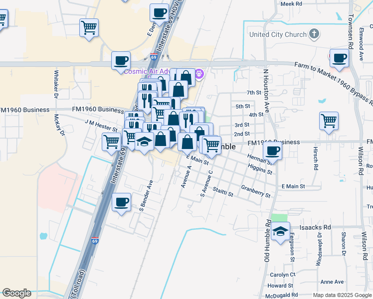 map of restaurants, bars, coffee shops, grocery stores, and more near 119 East Main Street in Humble