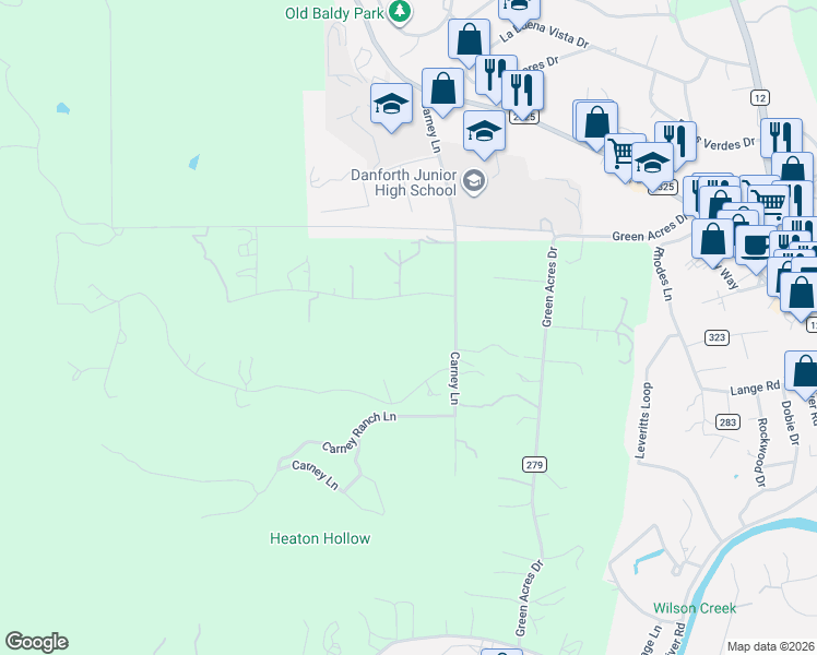 map of restaurants, bars, coffee shops, grocery stores, and more near 145 Lea Lane in Wimberley
