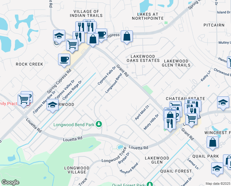 map of restaurants, bars, coffee shops, grocery stores, and more near 13603 Freer Court in Cypress