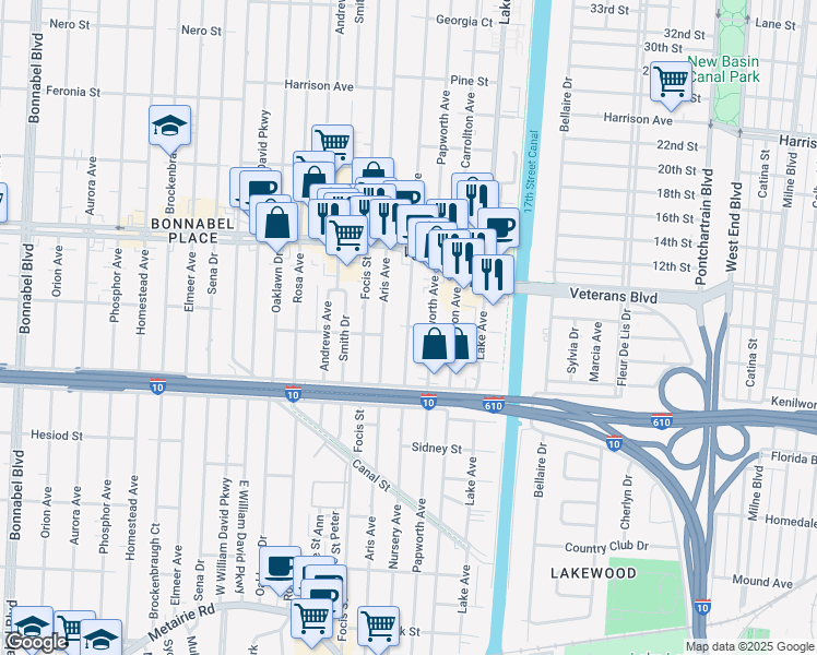 map of restaurants, bars, coffee shops, grocery stores, and more near 725 Nursery Avenue in Metairie