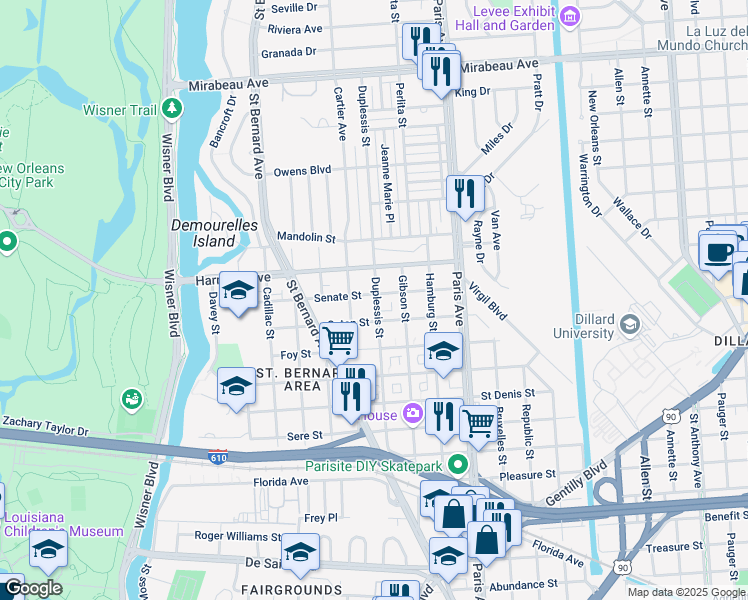 map of restaurants, bars, coffee shops, grocery stores, and more near 4062 Duplessis Street in New Orleans