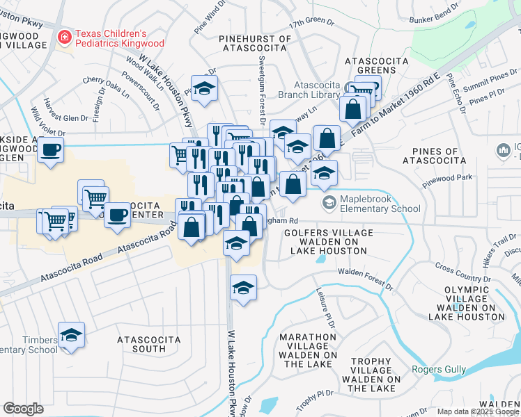 map of restaurants, bars, coffee shops, grocery stores, and more near 7702 Farm to Market 1960 in Humble