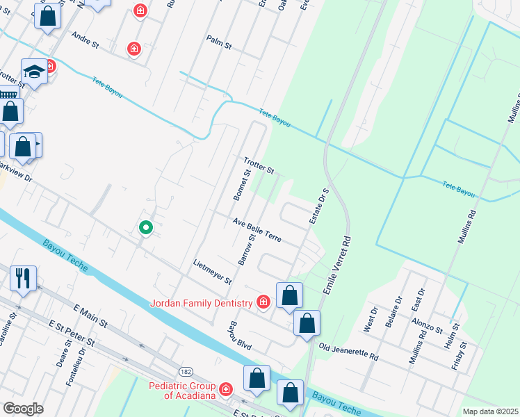 map of restaurants, bars, coffee shops, grocery stores, and more near 619 Barrow Street in New Iberia