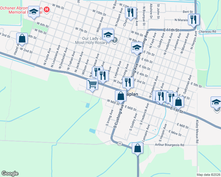 map of restaurants, bars, coffee shops, grocery stores, and more near 299 W Veterans Memorial Dr in Kaplan