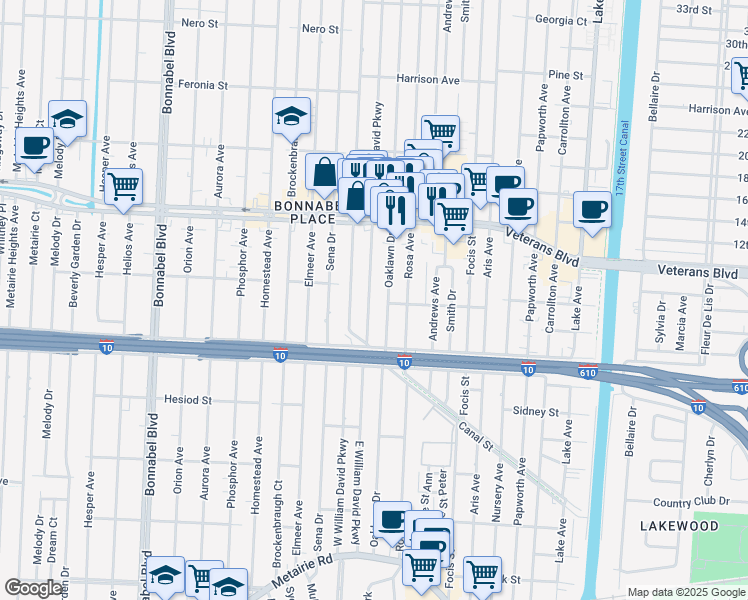 map of restaurants, bars, coffee shops, grocery stores, and more near 421 East William David Parkway in Metairie
