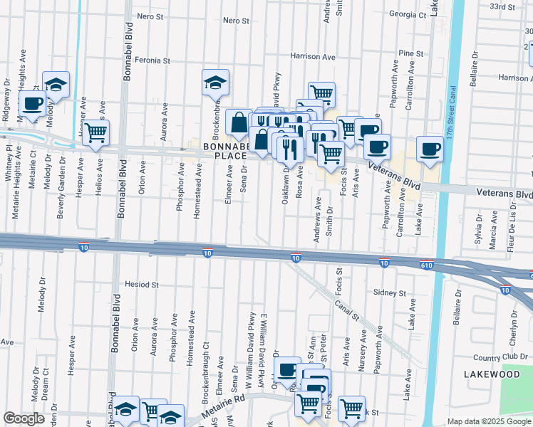 map of restaurants, bars, coffee shops, grocery stores, and more near 421 East William David Parkway in Metairie