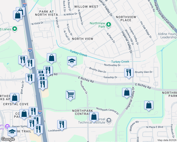 map of restaurants, bars, coffee shops, grocery stores, and more near 20923 Edgebaston Court in Houston