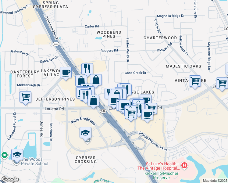 map of restaurants, bars, coffee shops, grocery stores, and more near 15703 Baytree Drive in Houston