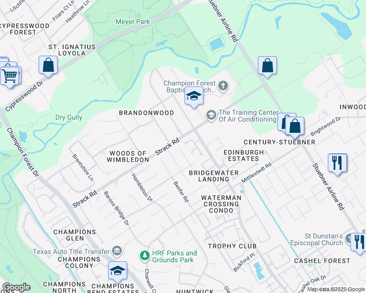 map of restaurants, bars, coffee shops, grocery stores, and more near 15210 Marlebone Court in Houston