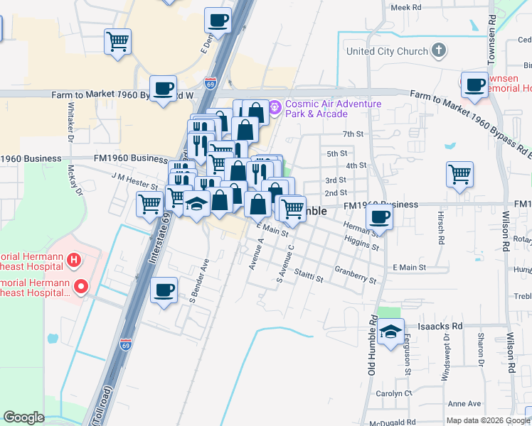 map of restaurants, bars, coffee shops, grocery stores, and more near 119 East Main Street in Humble