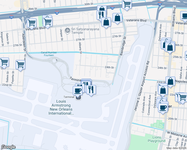 map of restaurants, bars, coffee shops, grocery stores, and more near 2301 Helena Street in Kenner