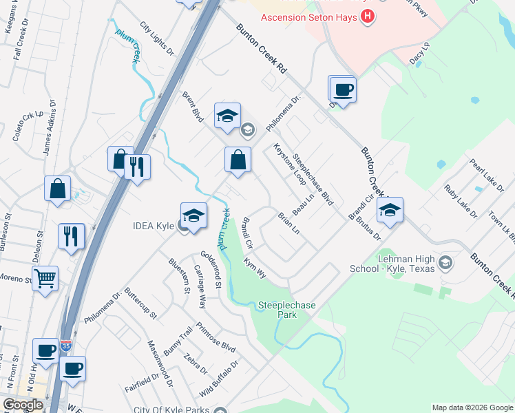 map of restaurants, bars, coffee shops, grocery stores, and more near 520 Brian Lane in Kyle