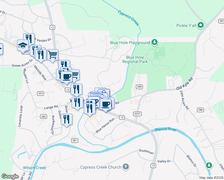 map of restaurants, bars, coffee shops, grocery stores, and more near 220 Mill Race Lane in Wimberley