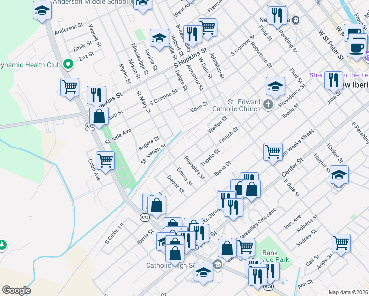 map of restaurants, bars, coffee shops, grocery stores, and more near 1238 Walton St in New Iberia