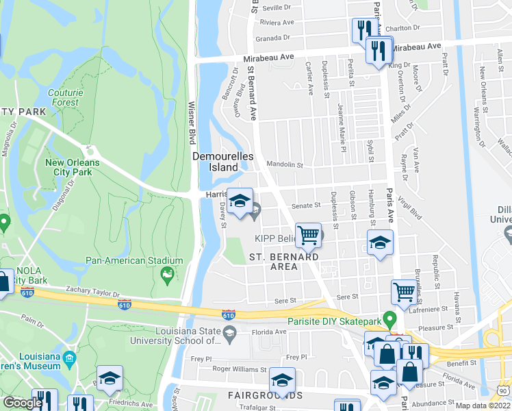 map of restaurants, bars, coffee shops, grocery stores, and more near 4100 Cadillac Street in New Orleans