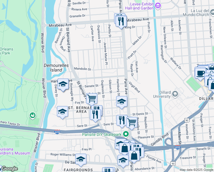 map of restaurants, bars, coffee shops, grocery stores, and more near 1470 Senate Street in New Orleans