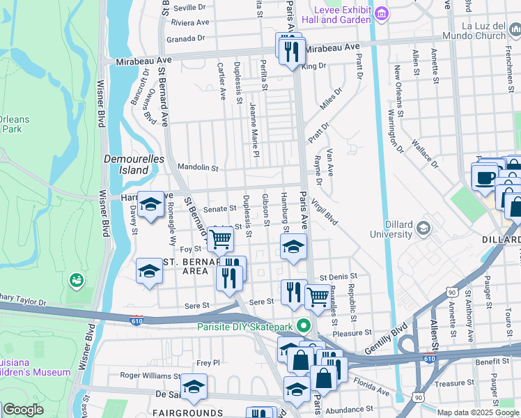 map of restaurants, bars, coffee shops, grocery stores, and more near 1476 Senate Street in New Orleans