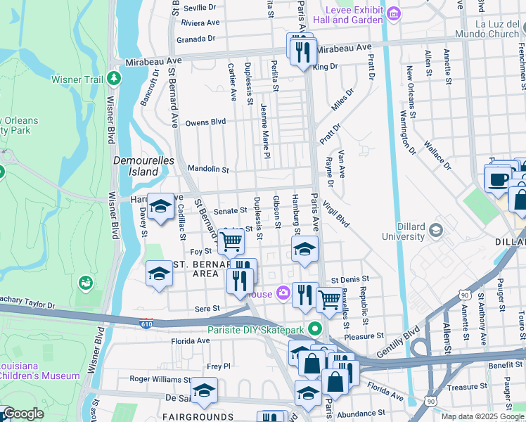 map of restaurants, bars, coffee shops, grocery stores, and more near 1460 Senate Street in New Orleans