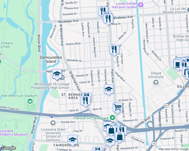 map of restaurants, bars, coffee shops, grocery stores, and more near 1462 Senate Street in New Orleans