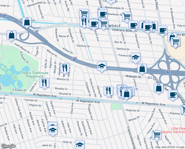 map of restaurants, bars, coffee shops, grocery stores, and more near 2509 Green Acres Road in Metairie