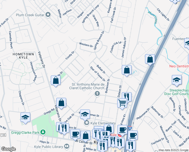map of restaurants, bars, coffee shops, grocery stores, and more near 113 San Jacinto Drive in Kyle
