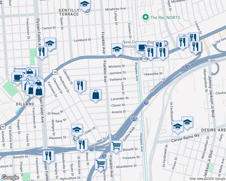 map of restaurants, bars, coffee shops, grocery stores, and more near 3901 Franklin Avenue in New Orleans