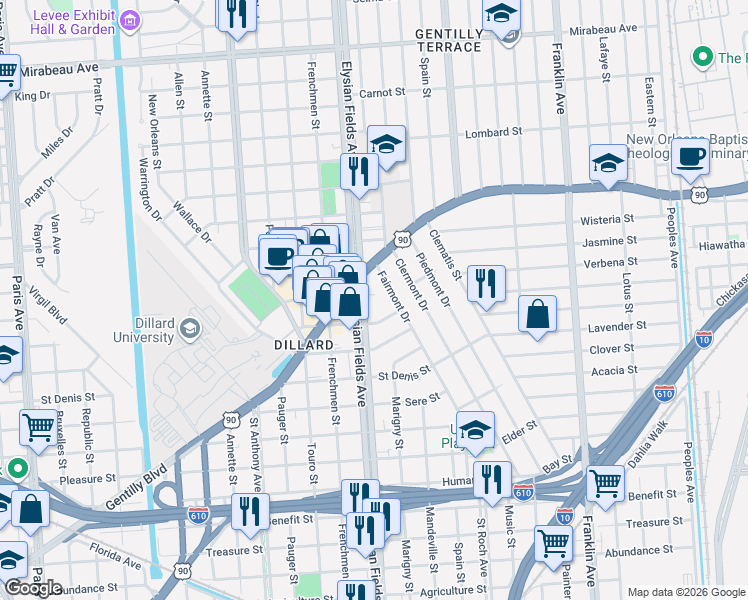 map of restaurants, bars, coffee shops, grocery stores, and more near 3925 Elysian Fields Avenue in New Orleans