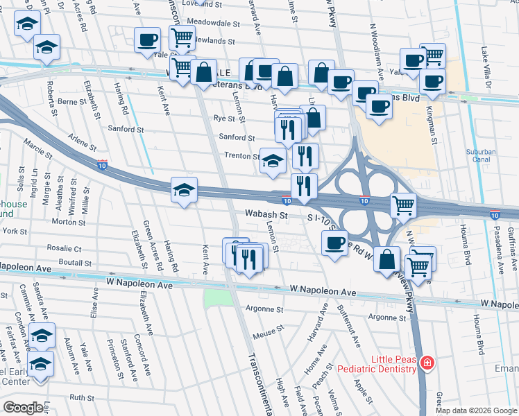 map of restaurants, bars, coffee shops, grocery stores, and more near 2522 Lemon Street in Metairie