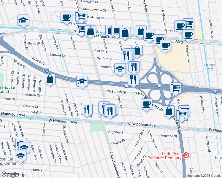 map of restaurants, bars, coffee shops, grocery stores, and more near 4928 Wabash Street in Metairie