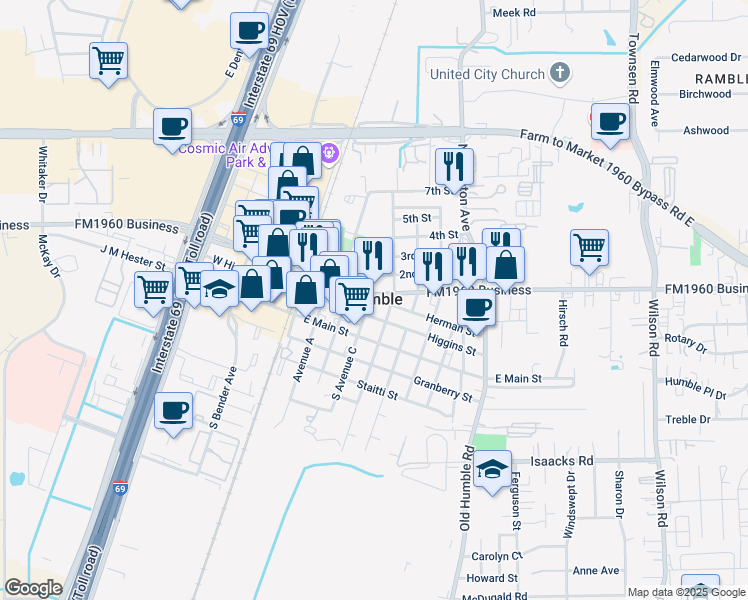 map of restaurants, bars, coffee shops, grocery stores, and more near in Humble