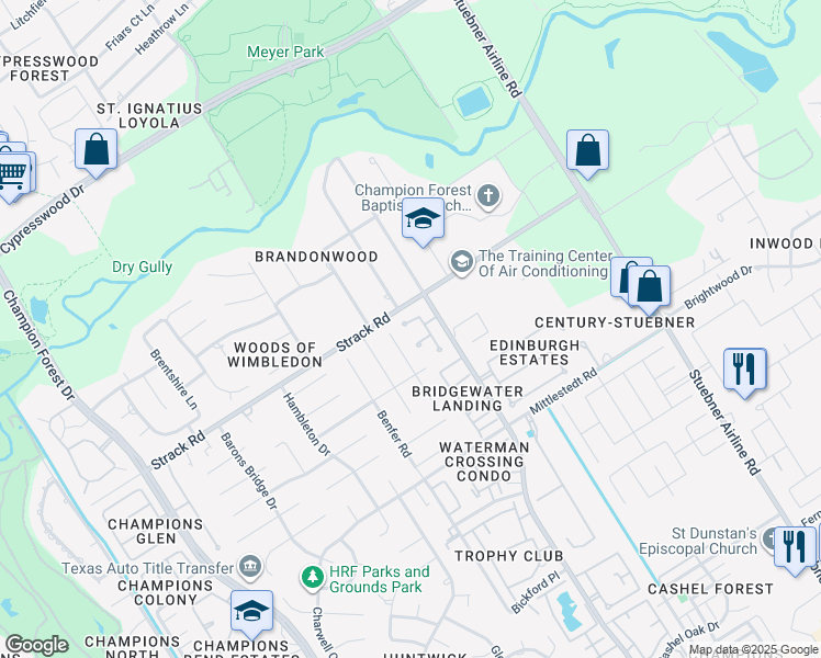 map of restaurants, bars, coffee shops, grocery stores, and more near 15210 Marlebone Court in Houston