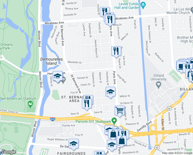 map of restaurants, bars, coffee shops, grocery stores, and more near 1466 Senate Street in New Orleans