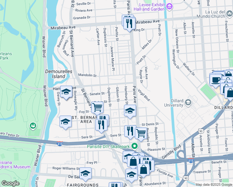 map of restaurants, bars, coffee shops, grocery stores, and more near 4066 Gibson Street in New Orleans