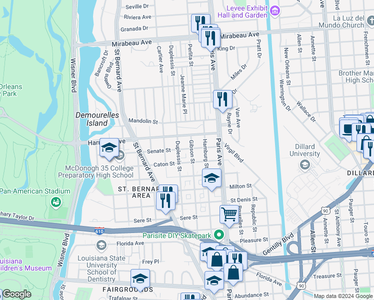 map of restaurants, bars, coffee shops, grocery stores, and more near 1472 Senate Street in New Orleans