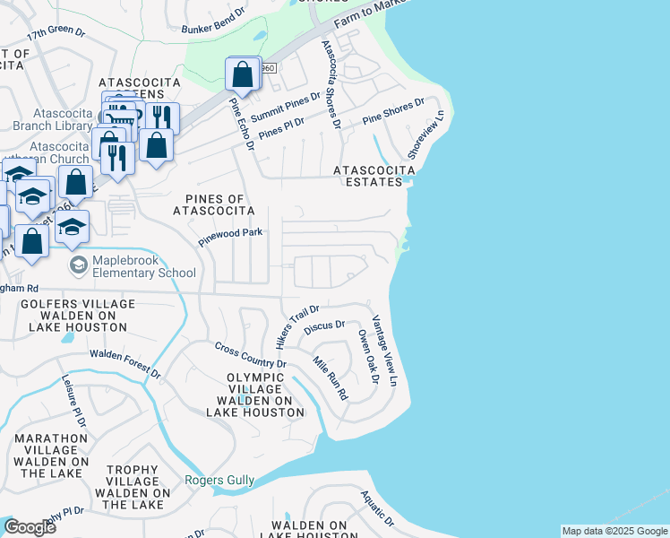 map of restaurants, bars, coffee shops, grocery stores, and more near 19318 Dockside Hill Lane in Humble