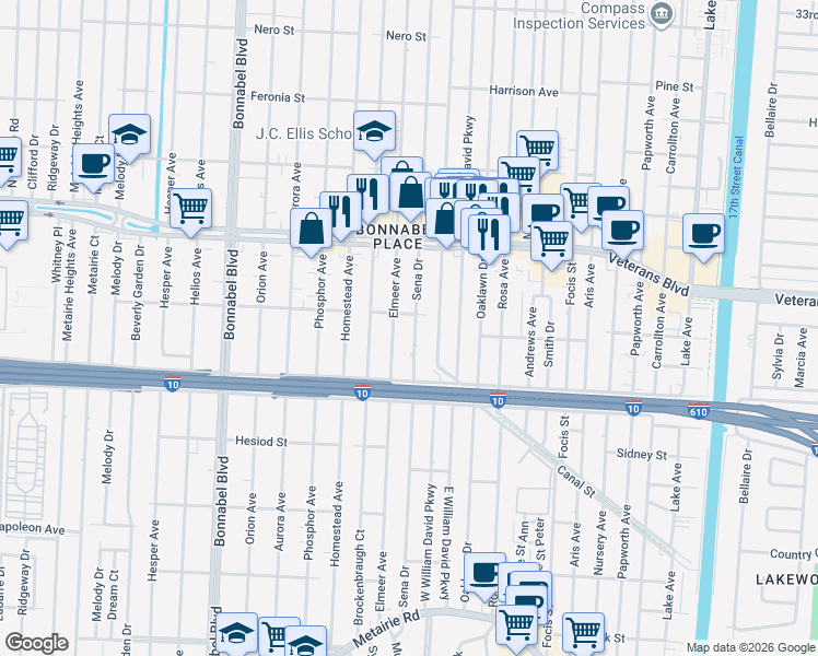 map of restaurants, bars, coffee shops, grocery stores, and more near 422 Sena Drive in Metairie