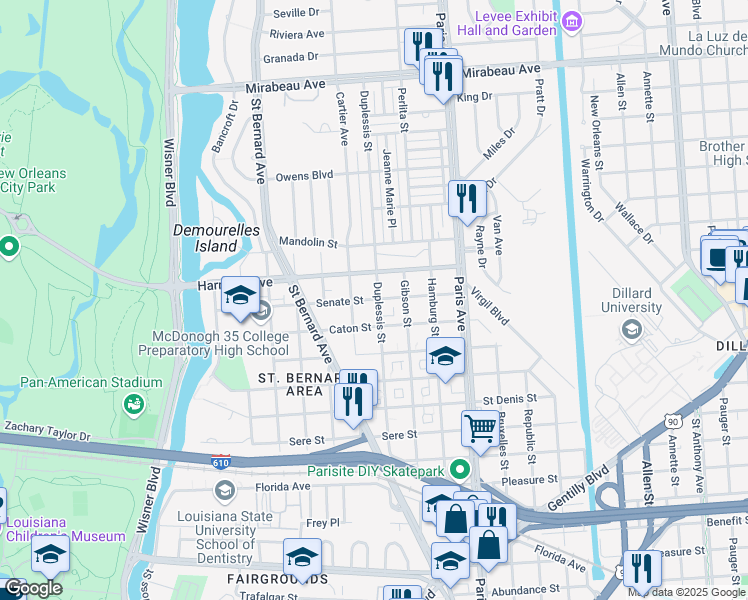 map of restaurants, bars, coffee shops, grocery stores, and more near 1464 Senate Street in New Orleans