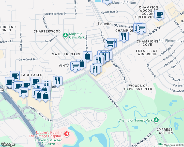 map of restaurants, bars, coffee shops, grocery stores, and more near 10143 Louetta Road in Houston