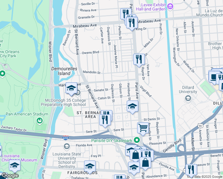map of restaurants, bars, coffee shops, grocery stores, and more near 1466 Senate Street in New Orleans