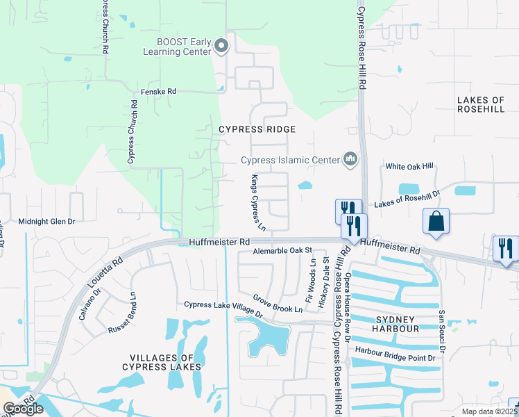 map of restaurants, bars, coffee shops, grocery stores, and more near 15826 Kings Cypress Lane in Cypress