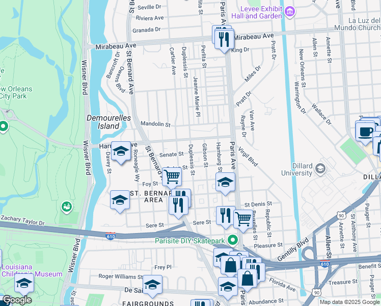 map of restaurants, bars, coffee shops, grocery stores, and more near 1470 Senate Street in New Orleans