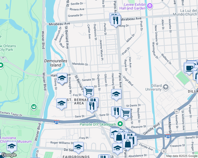map of restaurants, bars, coffee shops, grocery stores, and more near 1476 Senate Street in New Orleans