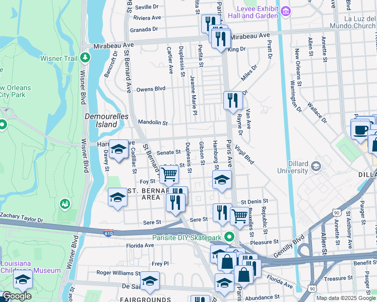 map of restaurants, bars, coffee shops, grocery stores, and more near 4067 Duplessis Street in New Orleans