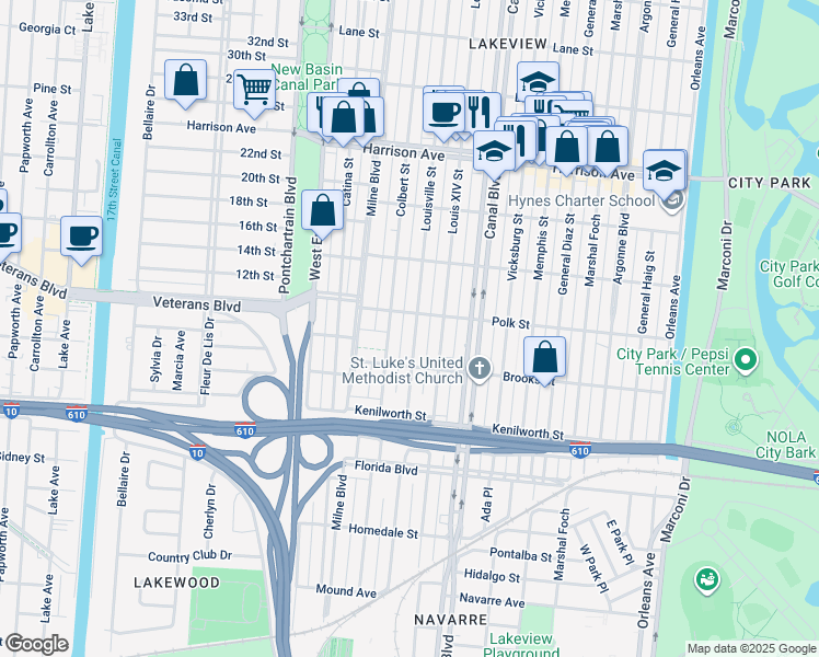 map of restaurants, bars, coffee shops, grocery stores, and more near 5943 Louisville Street in New Orleans